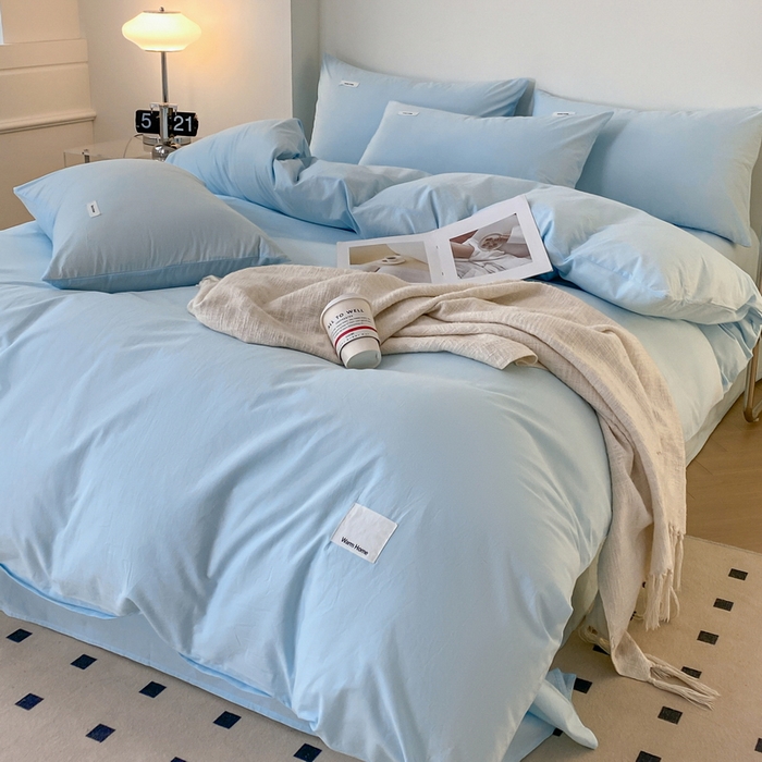 91家纺网 家纺一手货源 找家纺 蓝邻家纺 2025新款A类全棉纯棉水洗棉纯色贴标系列四件套-风格二 粉末蓝