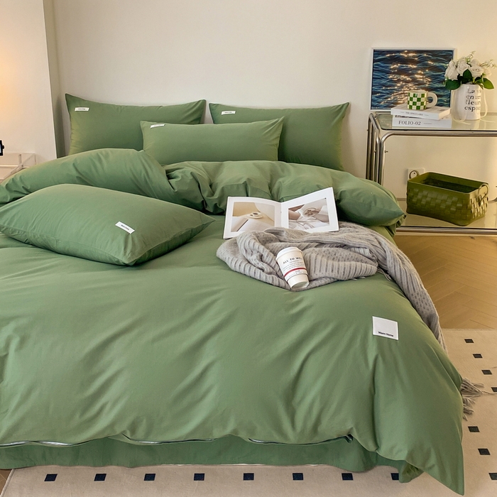 91家纺网 家纺一手货源 找家纺 蓝邻家纺 2025新款A类全棉纯棉水洗棉纯色贴标系列四件套-风格二 时尚绿