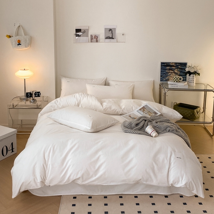 91家纺网 家纺一手货源 找家纺 蓝邻家纺 2025新款A类全棉纯棉水洗棉纯色贴标系列四件套-风格二 贵族白