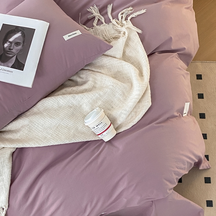 91家纺网 家纺一手货源 找家纺 蓝邻家纺 2025新款A类全棉纯棉水洗棉纯色贴标系列四件套-风格二 千黛紫