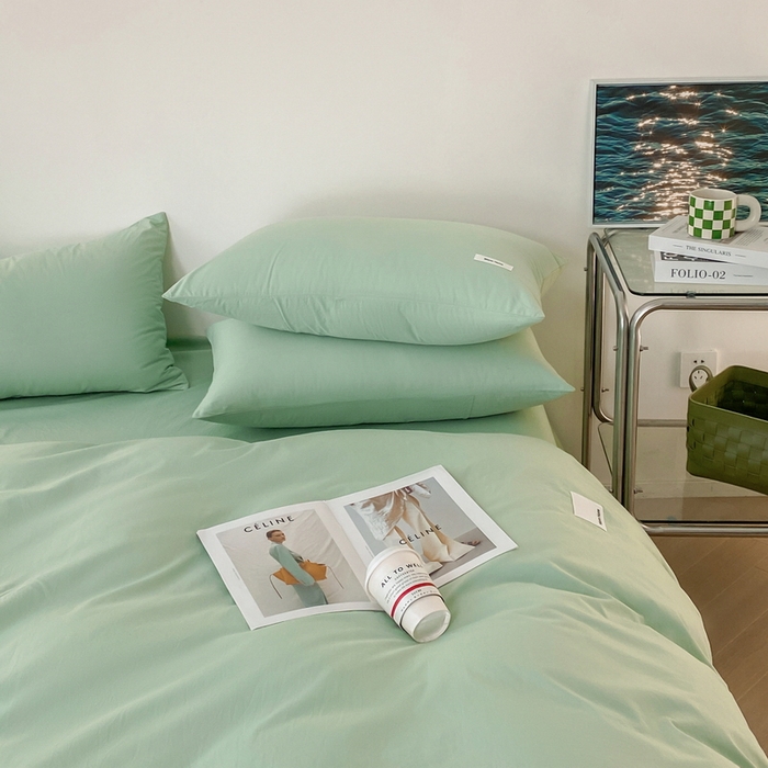 91家纺网 家纺一手货源 找家纺 蓝邻家纺 2025新款A类全棉纯棉水洗棉纯色贴标系列四件套-风格二 丝绒绿