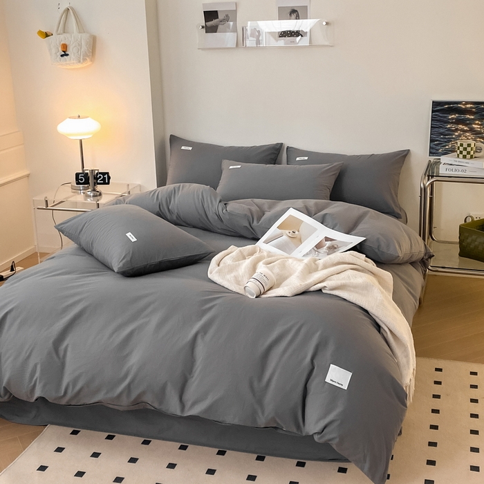 91家纺网 家纺一手货源 找家纺 蓝邻家纺 2025新款A类全棉纯棉水洗棉纯色贴标系列四件套-风格二 星辰灰