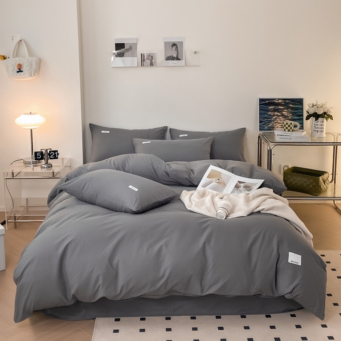 91家纺网 家纺一手货源 找家纺 蓝邻家纺 2025新款A类全棉纯棉水洗棉纯色贴标系列四件套-风格二 星辰灰