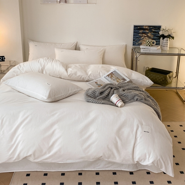 91家纺网 家纺一手货源 找家纺 蓝邻家纺 2025新款A类全棉纯棉水洗棉纯色贴标系列四件套-风格二 贵族白