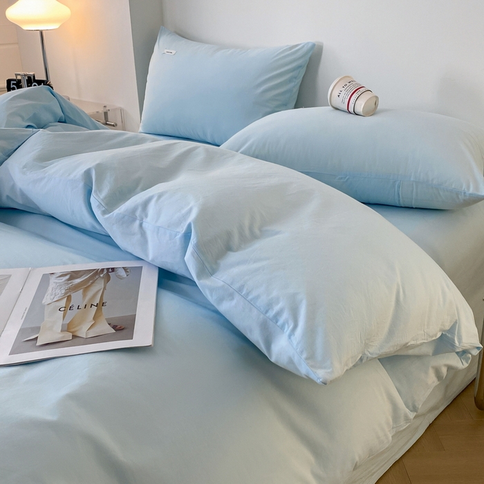 91家纺网 家纺一手货源 找家纺 蓝邻家纺 2025新款A类全棉纯棉水洗棉纯色贴标系列四件套-风格二 粉末蓝