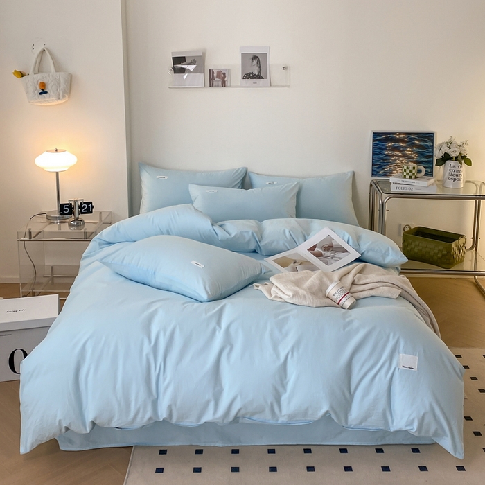 91家纺网 家纺一手货源 找家纺 蓝邻家纺 2025新款A类全棉纯棉水洗棉纯色贴标系列四件套-风格二 粉末蓝