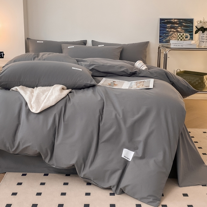 91家纺网 家纺一手货源 找家纺 蓝邻家纺 2025新款A类全棉纯棉水洗棉纯色贴标系列四件套-风格二 星辰灰