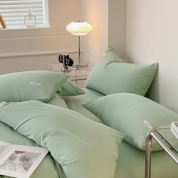 91家纺网 家纺一手货源 找家纺 蓝邻家纺 2025新款A类全棉纯棉水洗棉纯色贴标系列四件套-风格二 丝绒绿