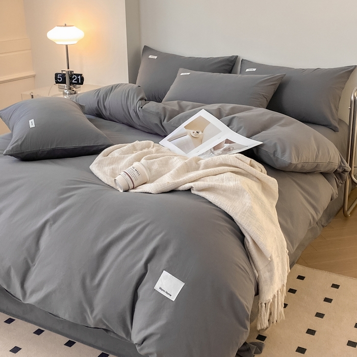 91家纺网 家纺一手货源 找家纺 蓝邻家纺 2025新款A类全棉纯棉水洗棉纯色贴标系列四件套-风格二 星辰灰