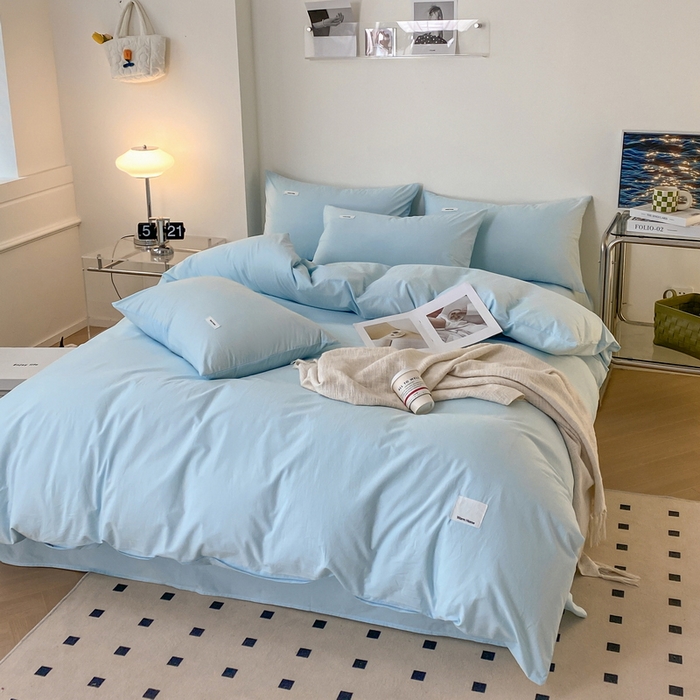 91家纺网 家纺一手货源 找家纺 蓝邻家纺 2025新款A类全棉纯棉水洗棉纯色贴标系列四件套-风格二 粉末蓝