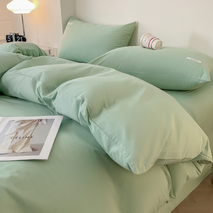 91家纺网 家纺一手货源 找家纺 蓝邻家纺 2025新款A类全棉纯棉水洗棉纯色贴标系列四件套-风格二 丝绒绿