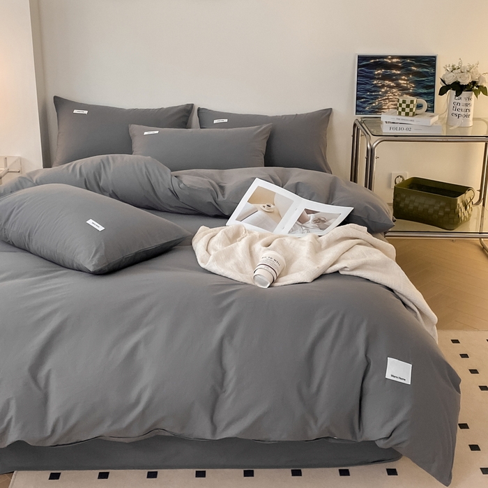 91家纺网 家纺一手货源 找家纺 蓝邻家纺 2025新款A类全棉纯棉水洗棉纯色贴标系列四件套-风格二 星辰灰
