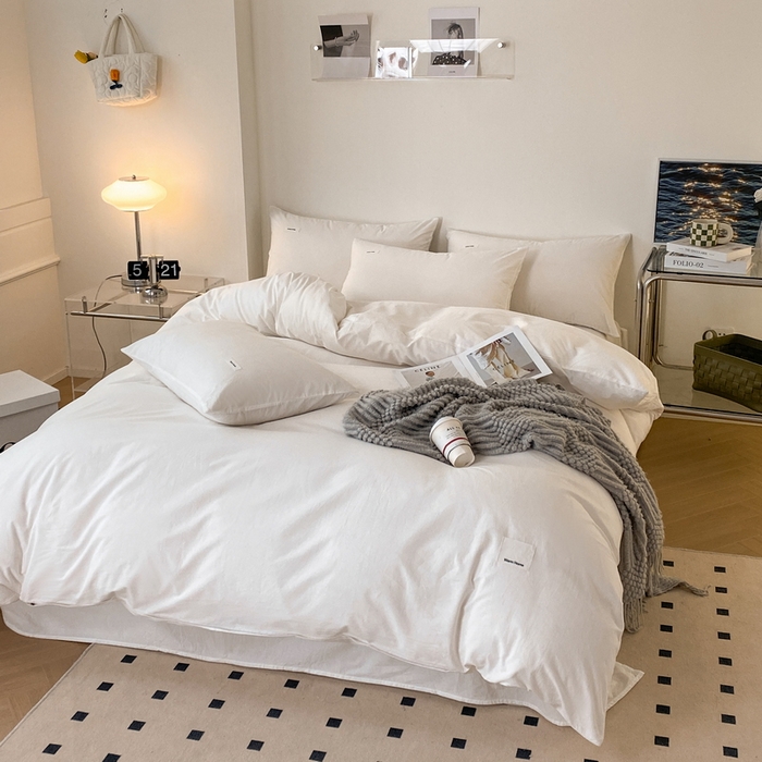 91家纺网 家纺一手货源 找家纺 蓝邻家纺 2025新款A类全棉纯棉水洗棉纯色贴标系列四件套-风格二 贵族白