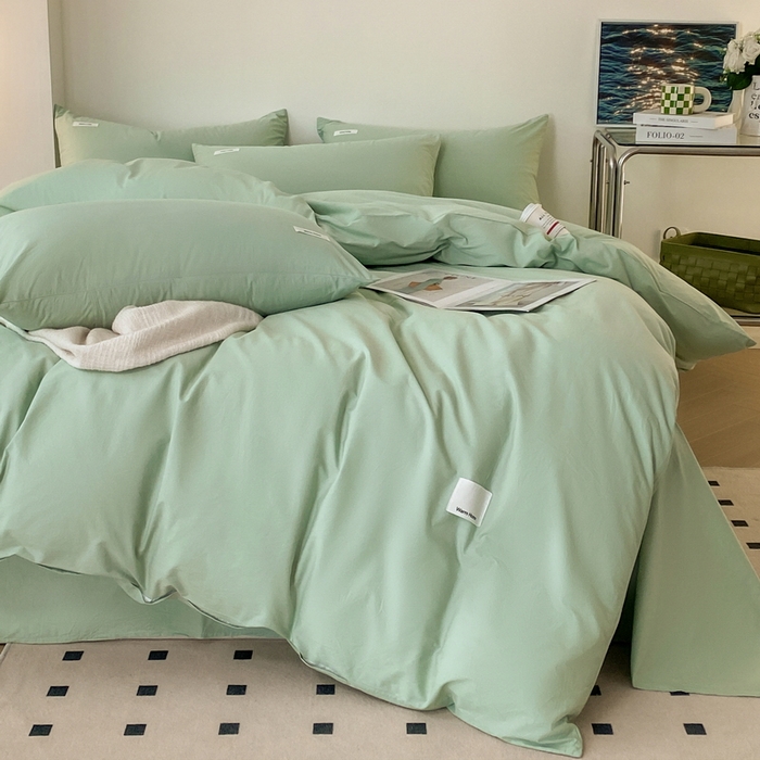91家纺网 家纺一手货源 找家纺 蓝邻家纺 2025新款A类全棉纯棉水洗棉纯色贴标系列四件套-风格二 丝绒绿