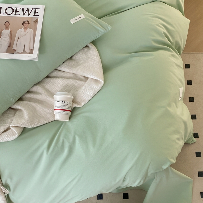 91家纺网 家纺一手货源 找家纺 蓝邻家纺 2025新款A类全棉纯棉水洗棉纯色贴标系列四件套-风格二 丝绒绿