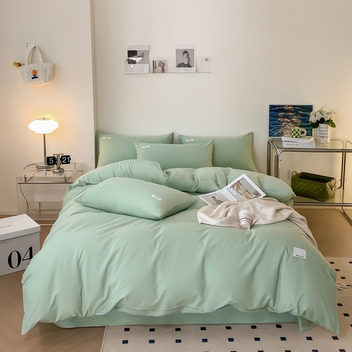 91家纺网 家纺一手货源 找家纺 蓝邻家纺 2025新款A类全棉纯棉水洗棉纯色贴标系列四件套-风格二 丝绒绿