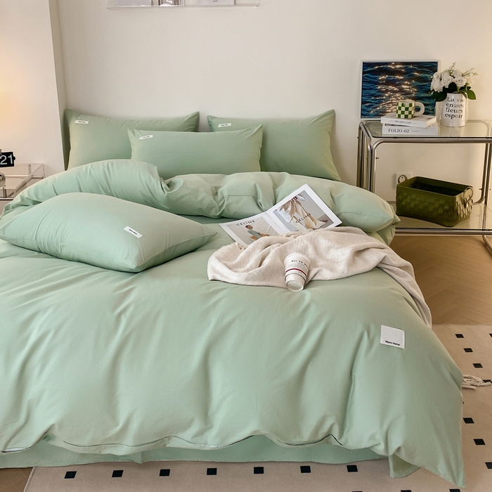 91家纺网 家纺一手货源 找家纺 蓝邻家纺 2025新款A类全棉纯棉水洗棉纯色贴标系列四件套-风格二 丝绒绿