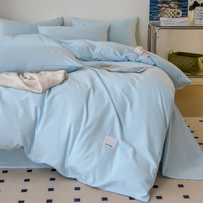 91家纺网 家纺一手货源 找家纺 蓝邻家纺 2025新款A类全棉纯棉水洗棉纯色贴标系列四件套-风格二 粉末蓝