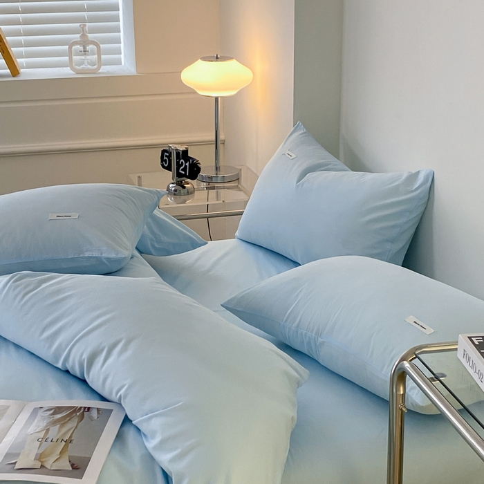 91家纺网 家纺一手货源 找家纺 蓝邻家纺 2025新款A类全棉纯棉水洗棉纯色贴标系列四件套-风格二 粉末蓝