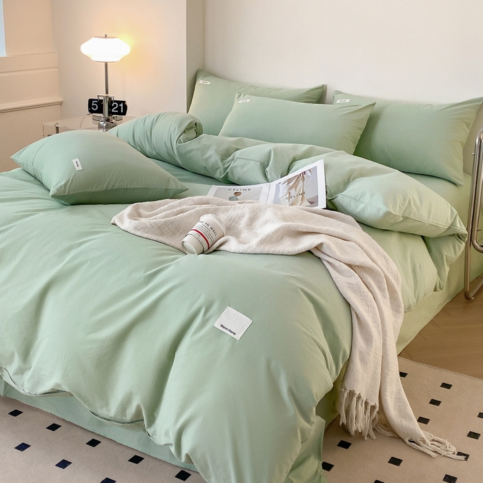 91家纺网 家纺一手货源 找家纺 蓝邻家纺 2025新款A类全棉纯棉水洗棉纯色贴标系列四件套-风格二 丝绒绿