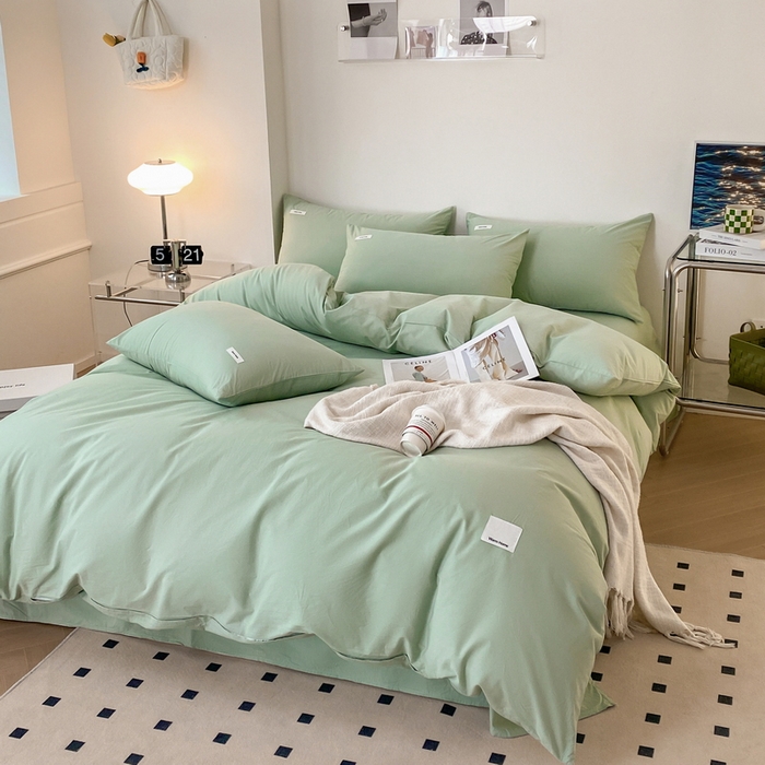 91家纺网 家纺一手货源 找家纺 蓝邻家纺 2025新款A类全棉纯棉水洗棉纯色贴标系列四件套-风格二 丝绒绿
