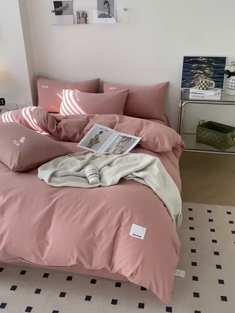 91家纺网 家纺一手货源 找家纺 蓝邻家纺 2025新款A类全棉纯棉水洗棉纯色贴标系列四件套-风格二 公主粉