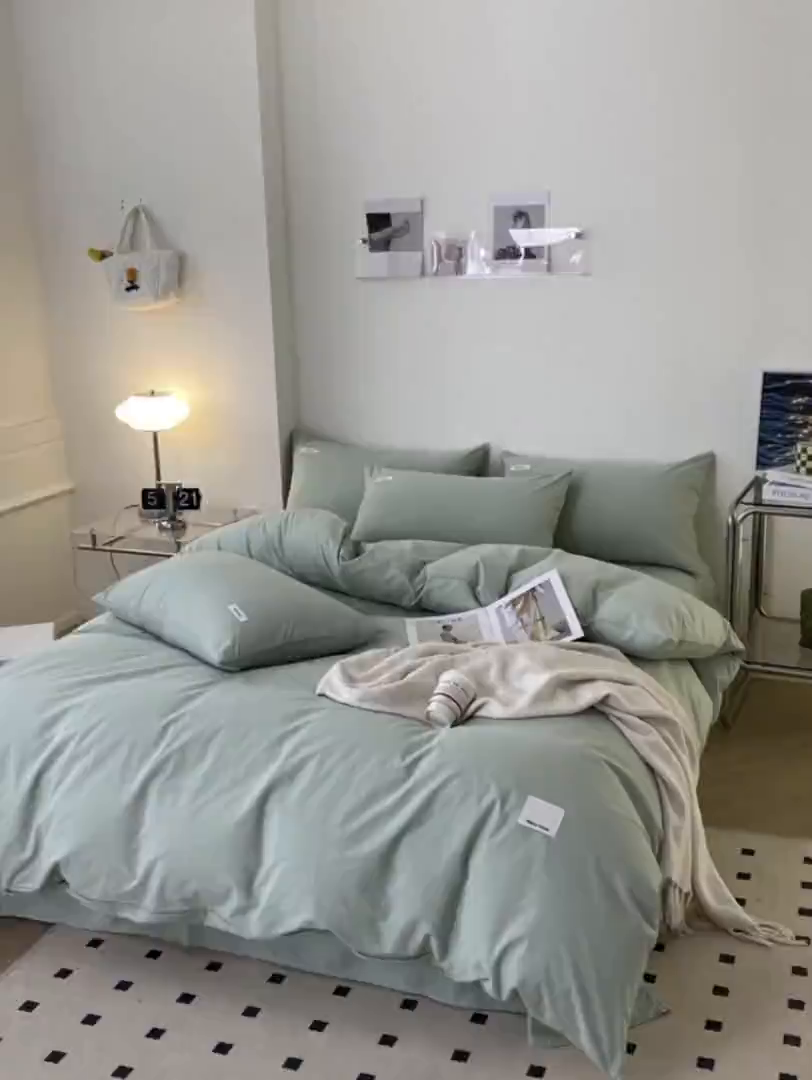 91家纺网 家纺一手货源 找家纺 蓝邻家纺 2025新款A类全棉纯棉水洗棉纯色贴标系列四件套-风格二 丝绒绿