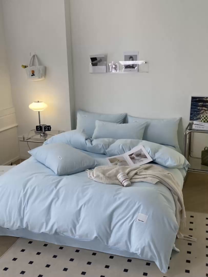 91家纺网 家纺一手货源 找家纺 （总）蓝邻家纺 2025新款A类全棉纯棉水洗棉纯色贴标系列四件套-风格二