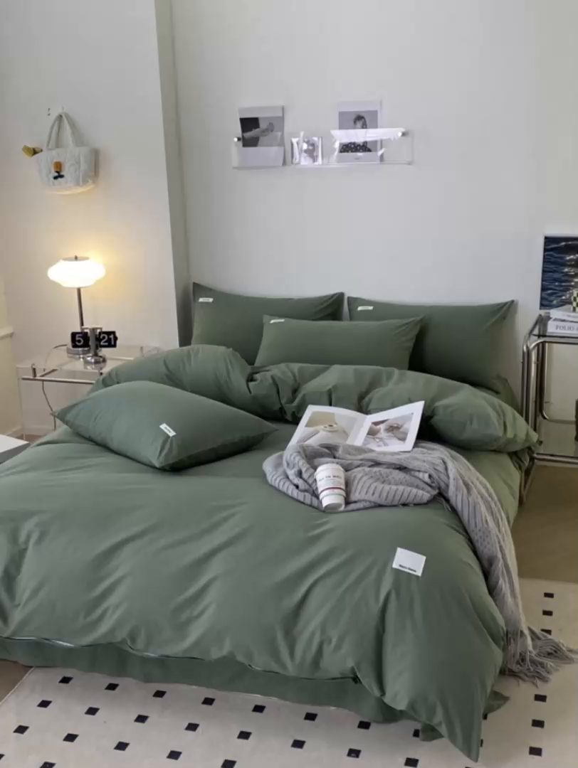 91家纺网 家纺一手货源 找家纺 蓝邻家纺 2025新款A类全棉纯棉水洗棉纯色贴标系列四件套-风格二 时尚绿