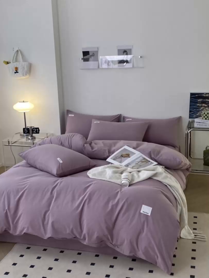 91家纺网 家纺一手货源 找家纺 蓝邻家纺 2025新款A类全棉纯棉水洗棉纯色贴标系列四件套-风格二 千黛紫