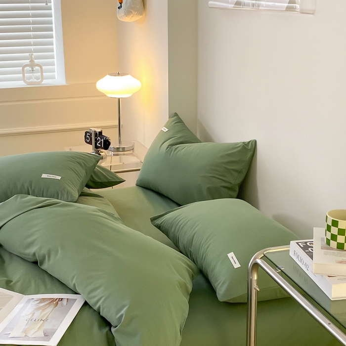 91家纺网 家纺一手货源 找家纺 蓝邻家纺 2025新款A类全棉纯棉水洗棉纯色贴标系列四件套-风格二 时尚绿