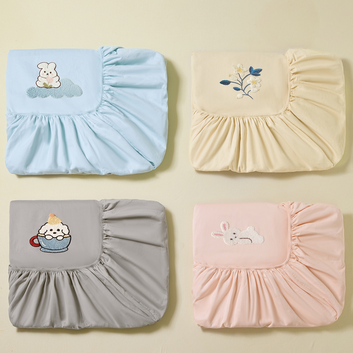 91家纺网 家纺一手货源 找家纺 （总）锦觅 2025新款100S全棉长绒棉陶瓷磨毛绣花纯色单品床笠三件套