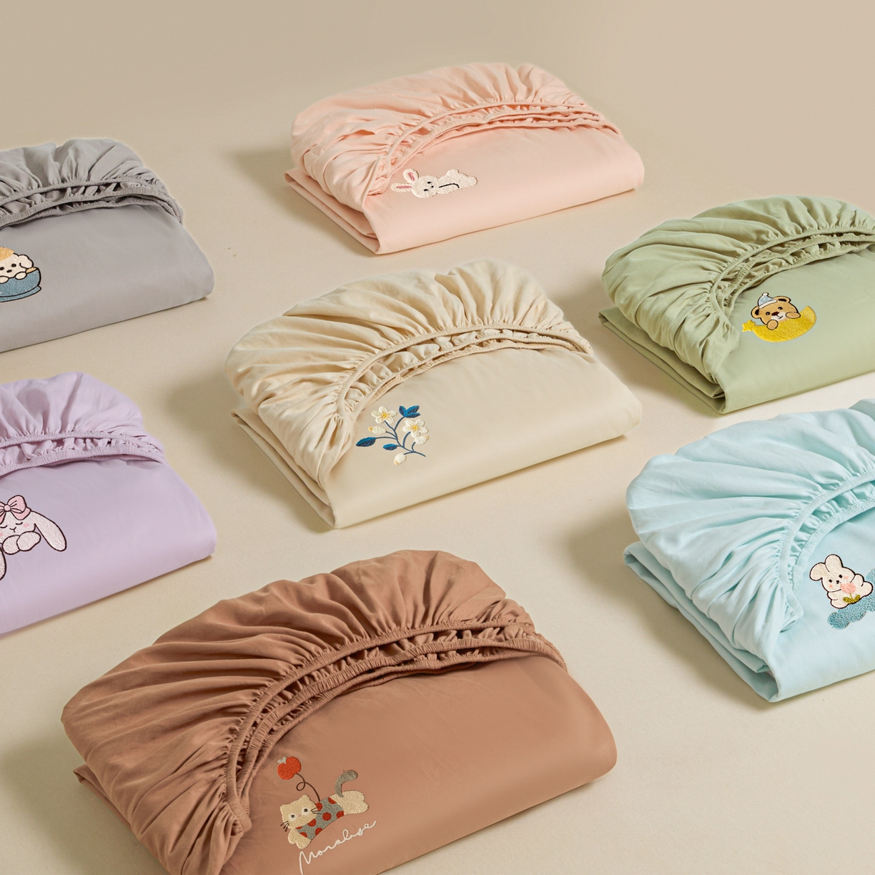 91家纺网 家纺一手货源 找家纺 （总）锦觅 2025新款100S全棉长绒棉陶瓷磨毛绣花纯色单品床笠三件套