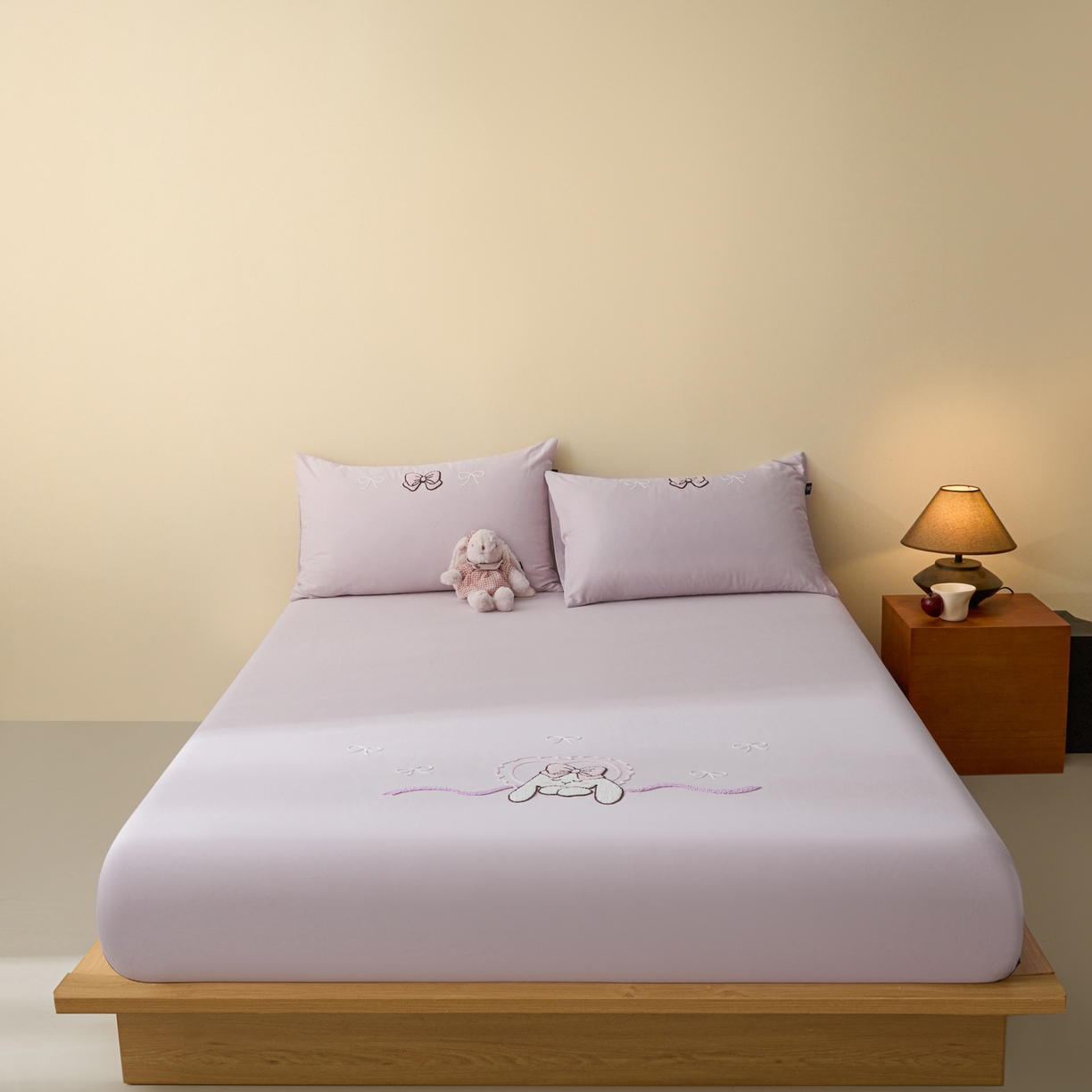 锦觅 2025新款100S全棉长绒棉陶瓷磨毛绣花纯色单品床笠三件套 晚安兔兔（幻影紫）