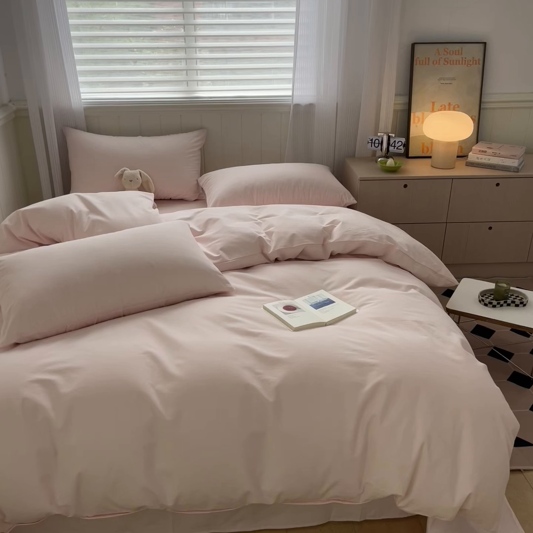 91家纺网 家纺一手货源 找家纺 蓝邻家纺 2025新款全棉纯棉磨毛简约系列单被套 桃花粉