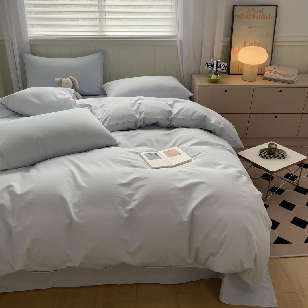 91家纺网 家纺一手货源 找家纺 蓝邻家纺 2025新款全棉纯棉磨毛简约系列单被套 水云蓝