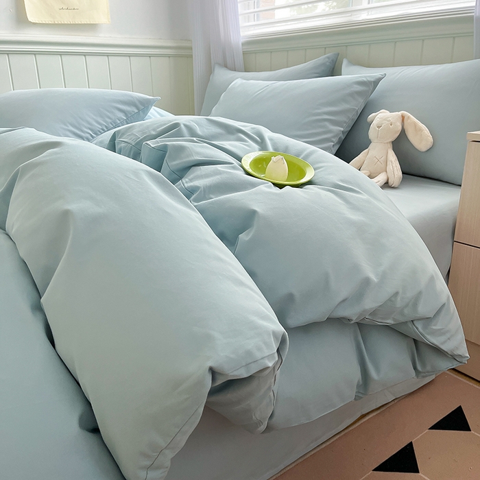 91家纺网 家纺一手货源 找家纺 蓝邻家纺 2025新款全棉纯棉磨毛简约系列四件套 水蓝