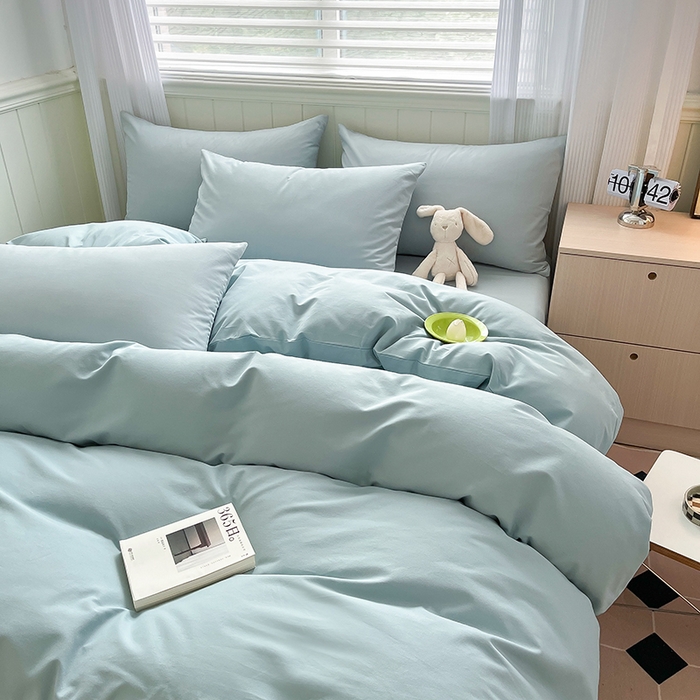 91家纺网 家纺一手货源 找家纺 蓝邻家纺 2025新款全棉纯棉磨毛简约系列四件套 水蓝