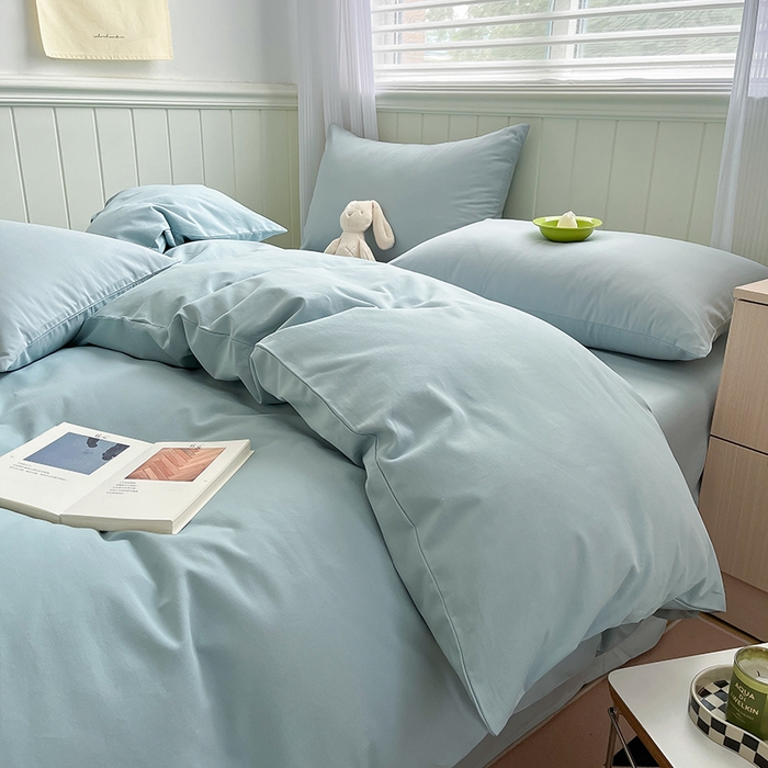 91家纺网 家纺一手货源 找家纺 蓝邻家纺 2025新款全棉纯棉磨毛简约系列四件套 水蓝