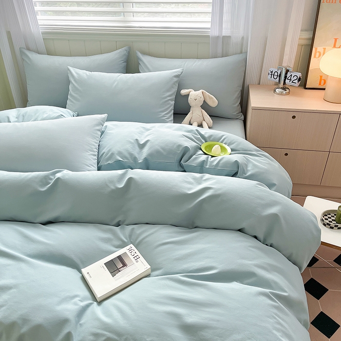 91家纺网 家纺一手货源 找家纺 蓝邻家纺 2025新款全棉纯棉磨毛简约系列四件套 水蓝