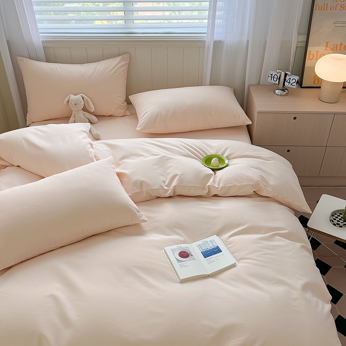 91家纺网 家纺一手货源 找家纺 蓝邻家纺 2025新款全棉纯棉磨毛简约系列四件套 白桃麻薯