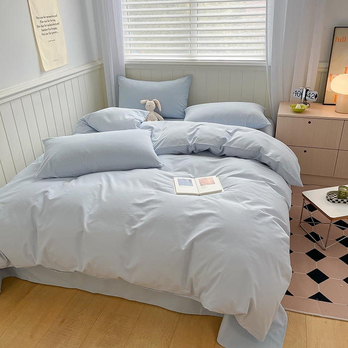 91家纺网 家纺一手货源 找家纺 蓝邻家纺 2025新款全棉纯棉磨毛简约系列四件套 水云蓝