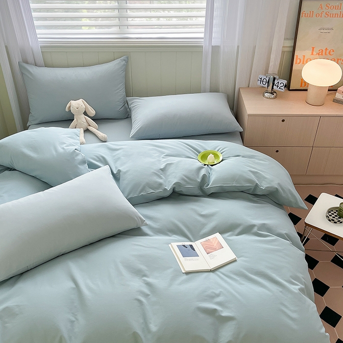 91家纺网 家纺一手货源 找家纺 蓝邻家纺 2025新款全棉纯棉磨毛简约系列四件套 水蓝