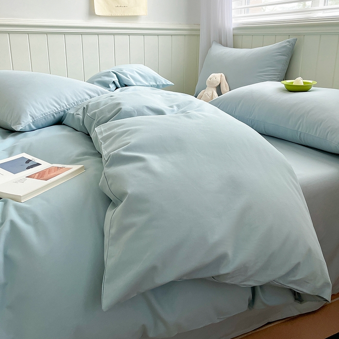 91家纺网 家纺一手货源 找家纺 蓝邻家纺 2025新款全棉纯棉磨毛简约系列四件套 水蓝