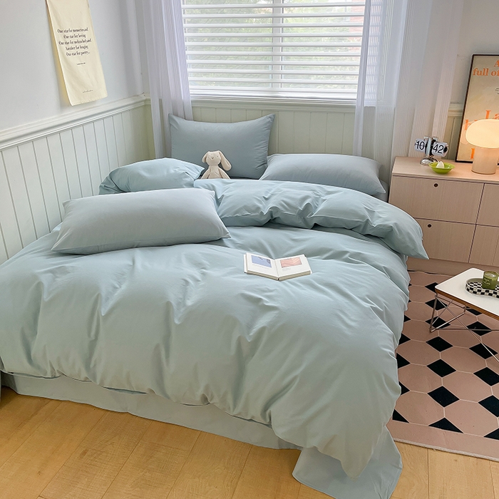 91家纺网 家纺一手货源 找家纺 蓝邻家纺 2025新款全棉纯棉磨毛简约系列四件套 水蓝