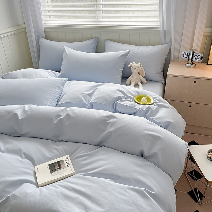 91家纺网 家纺一手货源 找家纺 蓝邻家纺 2025新款全棉纯棉磨毛简约系列四件套 水云蓝