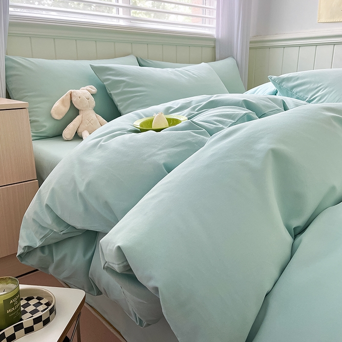 91家纺网 家纺一手货源 找家纺 蓝邻家纺 2025新款全棉纯棉磨毛简约系列四件套 冰海蓝