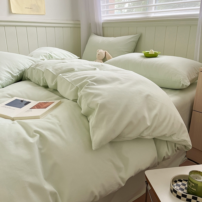 91家纺网 家纺一手货源 找家纺 蓝邻家纺 2025新款全棉纯棉磨毛简约系列四件套 清新绿