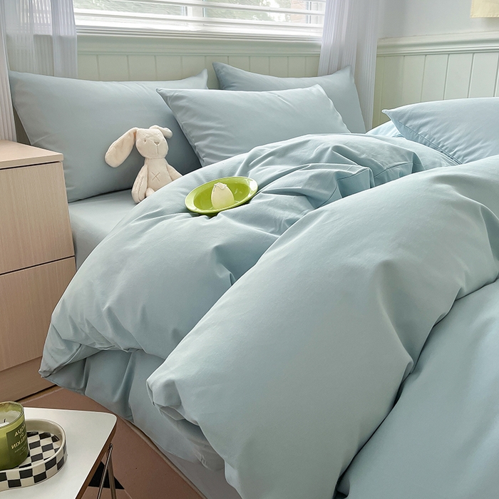 91家纺网 家纺一手货源 找家纺 蓝邻家纺 2025新款全棉纯棉磨毛简约系列四件套 水蓝