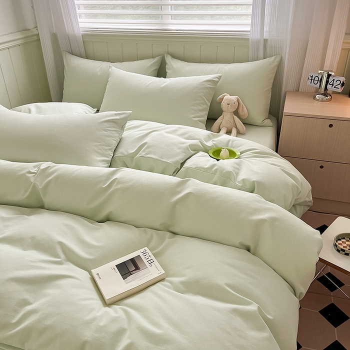 91家纺网 家纺一手货源 找家纺 蓝邻家纺 2025新款全棉纯棉磨毛简约系列四件套 清新绿